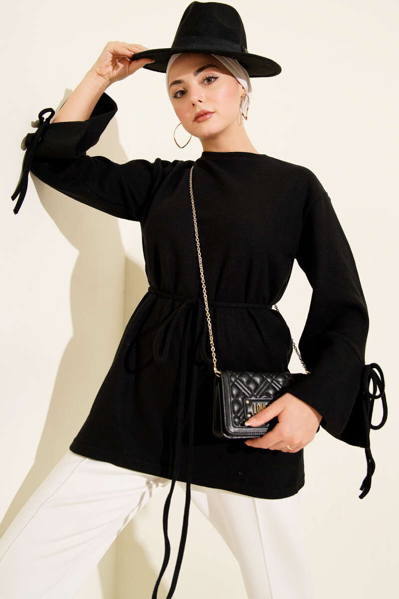 Ribbed Felt Tunic with Cord Cuffs - Black