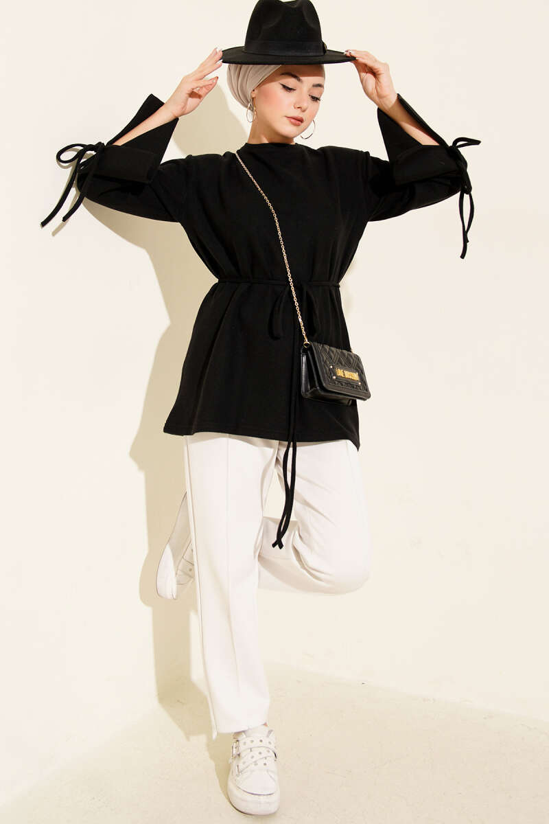 Ribbed Felt Tunic with Cord Cuffs - Black