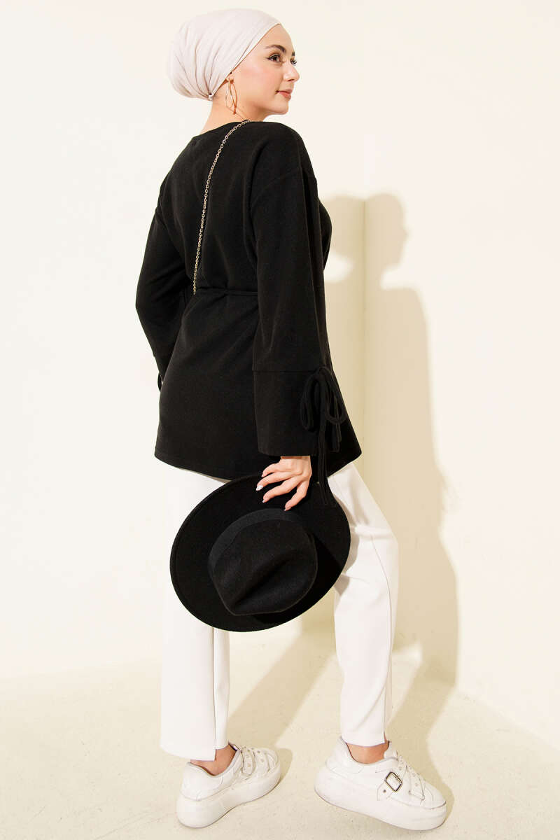 Ribbed Felt Tunic with Cord Cuffs - Black