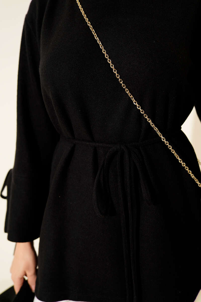 Ribbed Felt Tunic with Cord Cuffs - Black