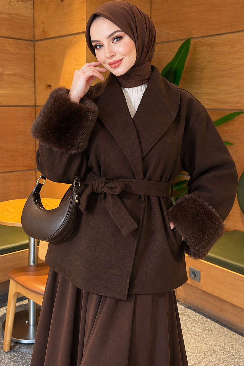 Belted Felt Coat with Faux Fur Cuffs - Brown