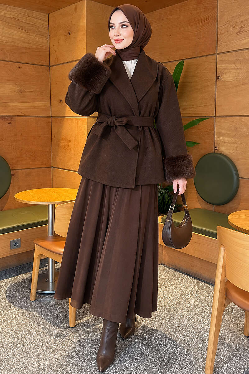 Belted Felt Coat with Faux Fur Cuffs - Brown