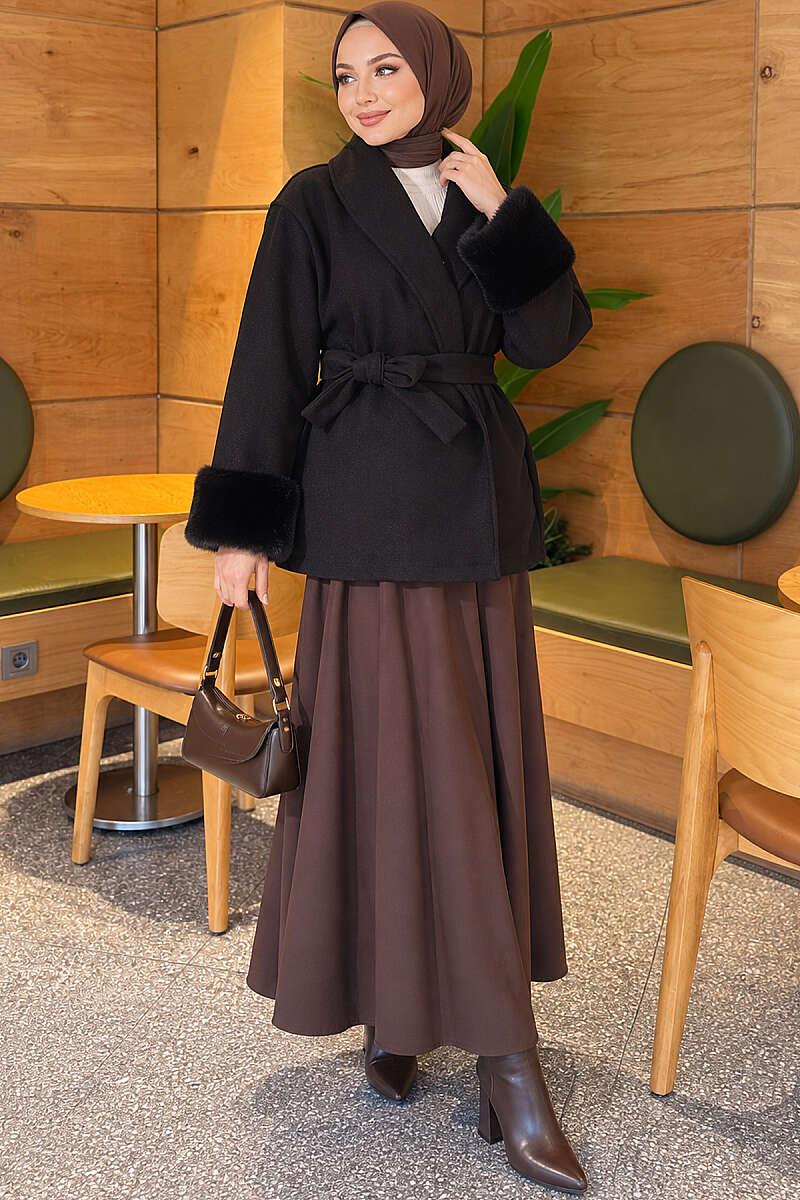Belted Felt Coat with Faux Fur Cuffs - Black
