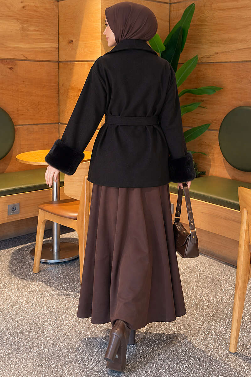 Belted Felt Coat with Faux Fur Cuffs - Black
