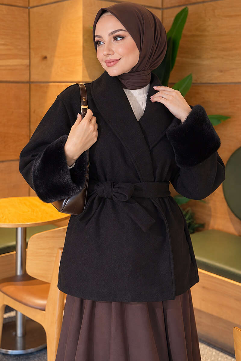 Belted Felt Coat with Faux Fur Cuffs - Black