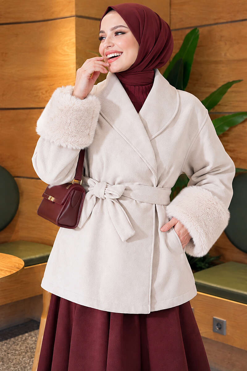 Belted Felt Coat with Faux Fur Cuffs - Stone