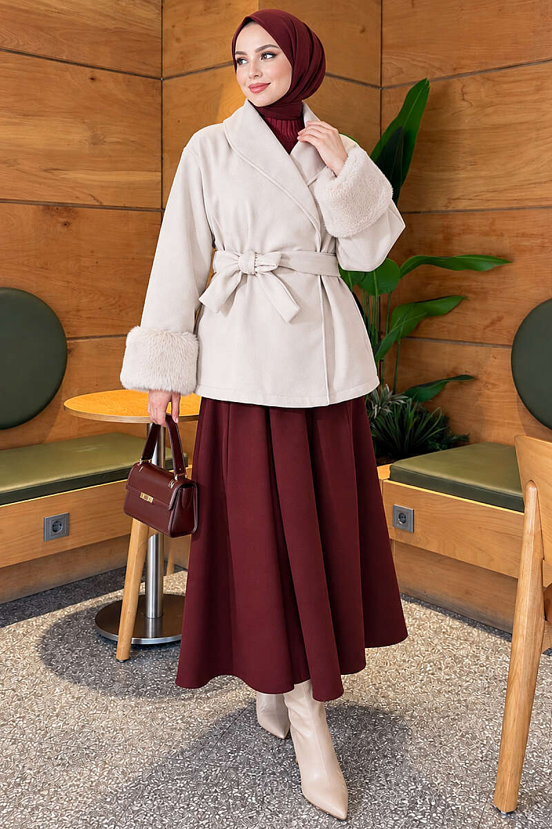 Belted Felt Coat with Faux Fur Cuffs - Stone