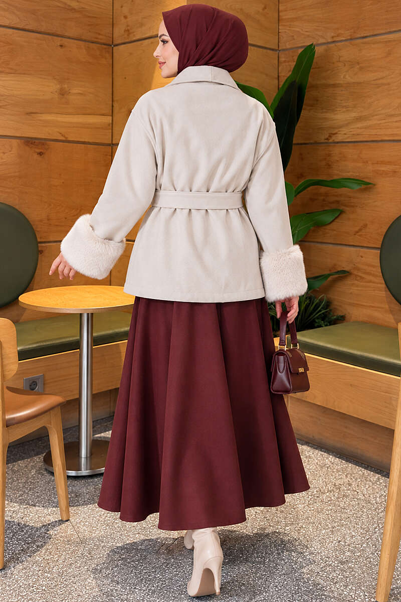 Belted Felt Coat with Faux Fur Cuffs - Stone
