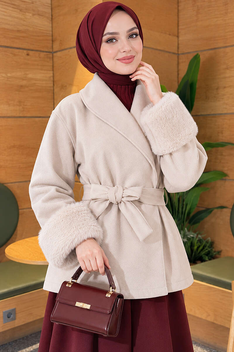 Belted Felt Coat with Faux Fur Cuffs - Stone