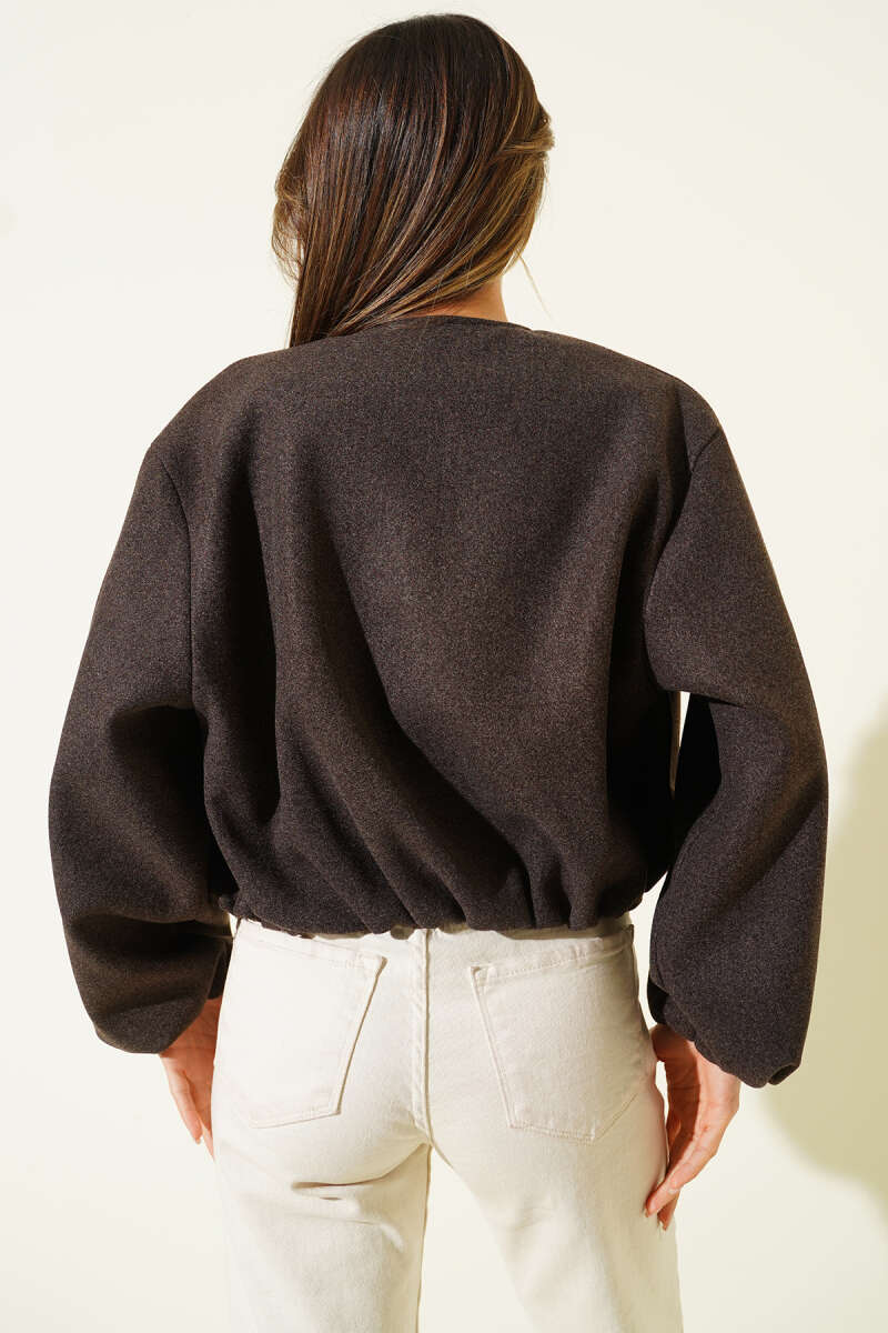 Short Felt Jacket with Elastic Cuffs - Dark Brown