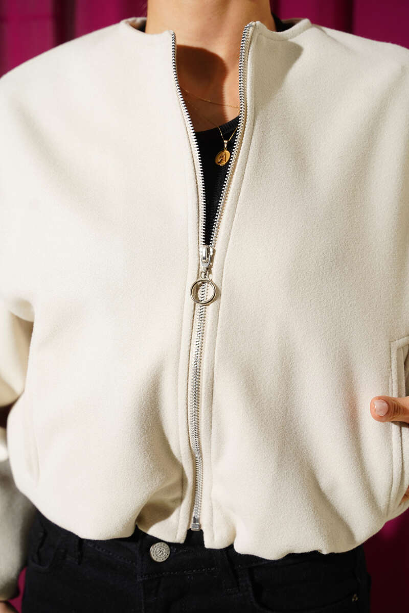 Short Felt Jacket with Elastic Cuffs - Beige