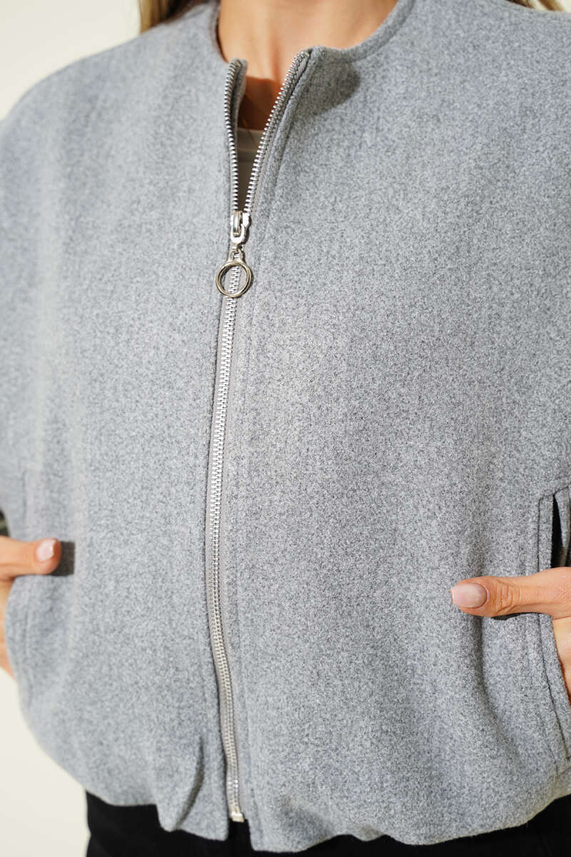 Short Felt Jacket with Elastic Cuffs - Grey