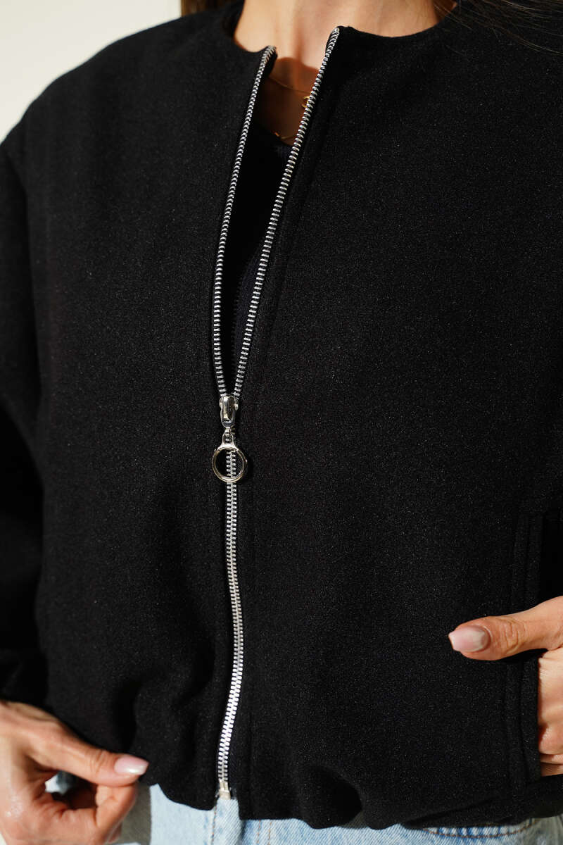 Short Felt Jacket with Elastic Cuffs - Black