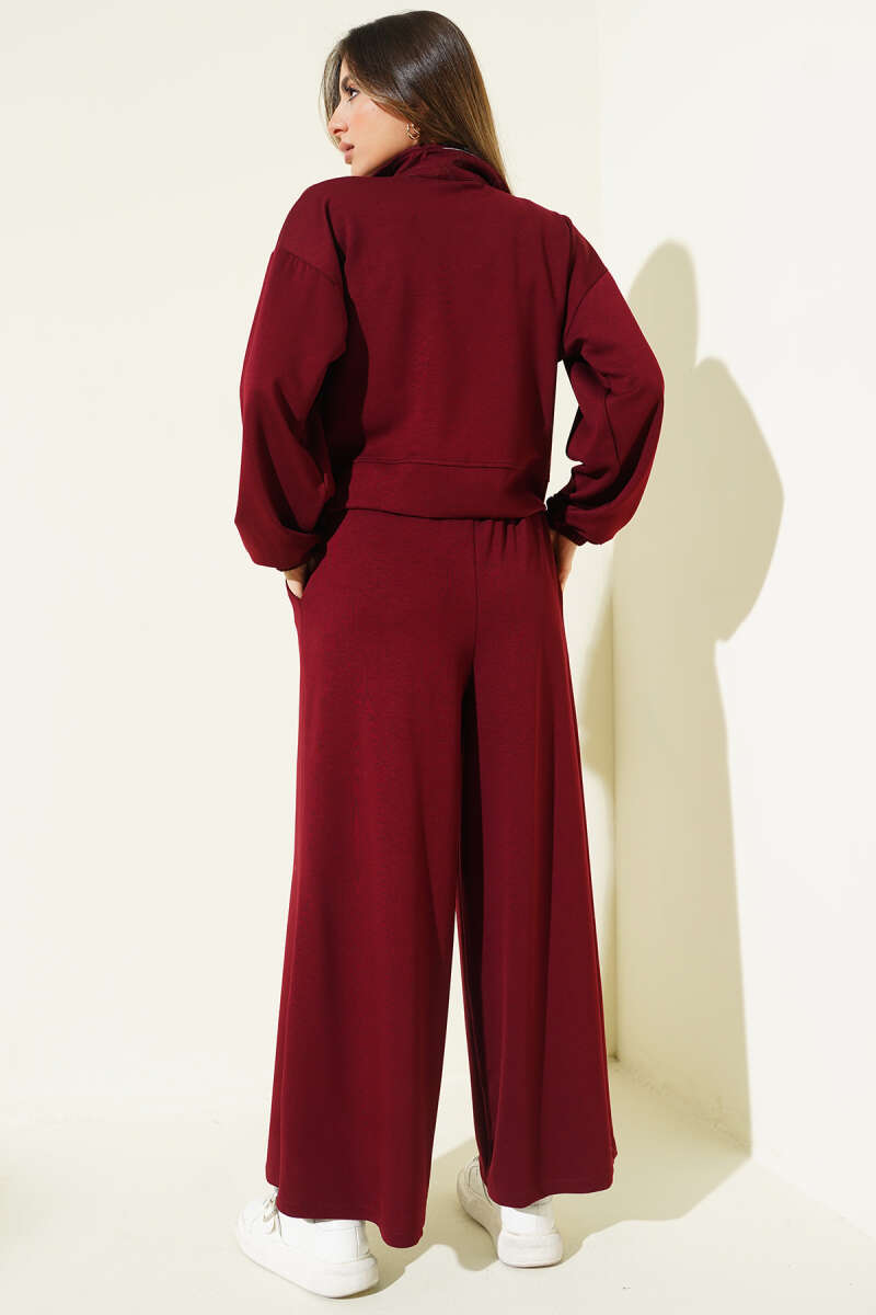 Loose Loycha Two-Piece Set with Cuffs and Pockets - Burgundy