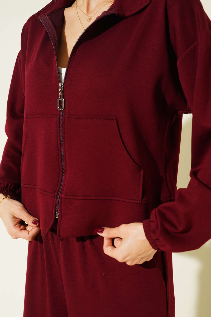Loose Loycha Two-Piece Set with Cuffs and Pockets - Burgundy