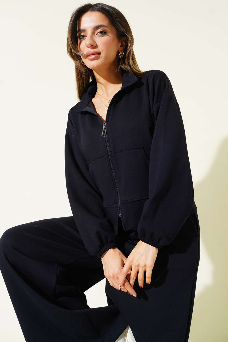 Loose Loycha Two-Piece Set with Cuffs and Pockets - Navy