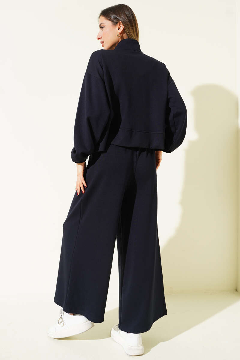 Loose Loycha Two-Piece Set with Cuffs and Pockets - Navy