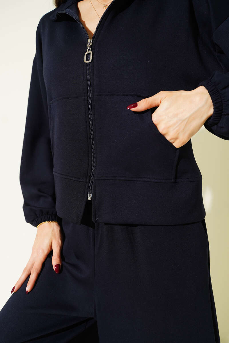 Loose Loycha Two-Piece Set with Cuffs and Pockets - Navy