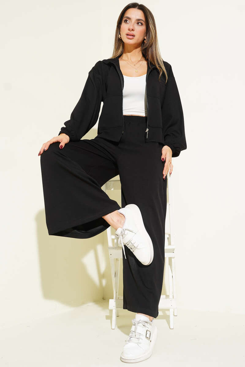 Loose Loycha Two-Piece Set with Cuffs and Pockets - Black