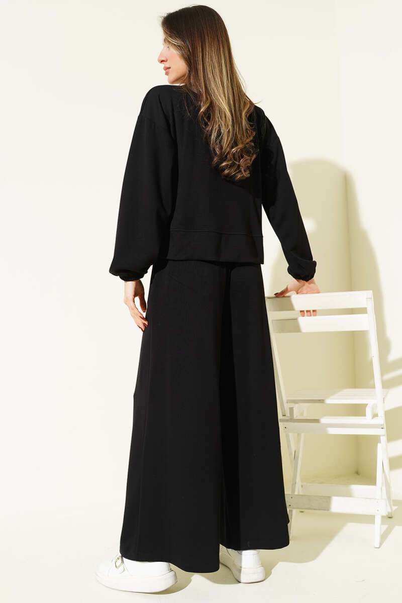 Loose Loycha Two-Piece Set with Cuffs and Pockets - Black