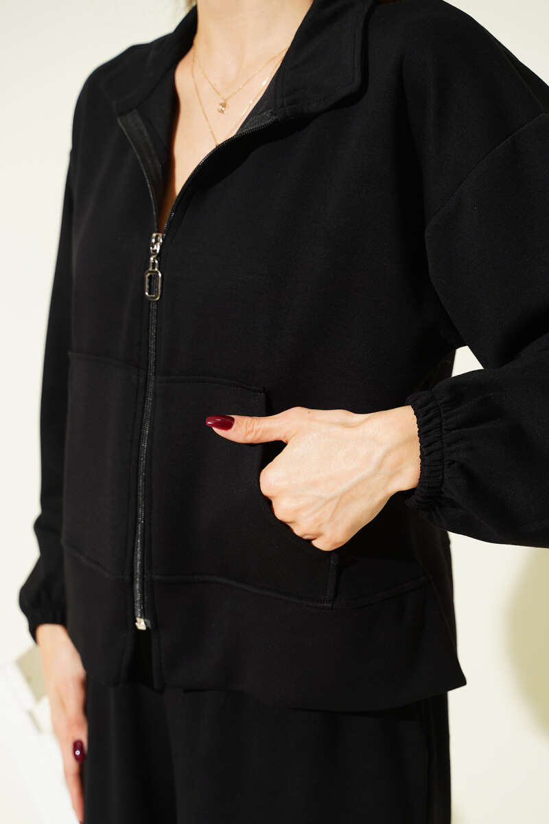 Loose Loycha Two-Piece Set with Cuffs and Pockets - Black