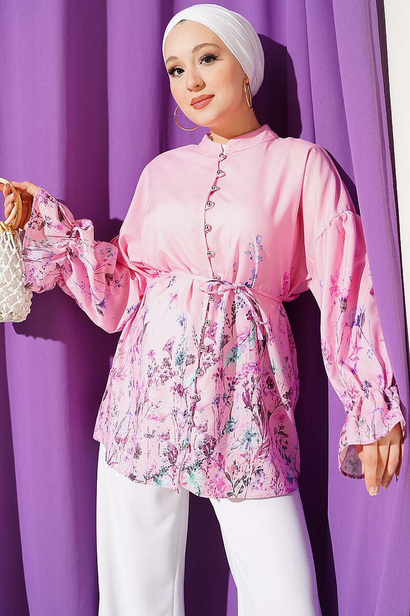 Floral Shirt with Elastic Cuffs - Pink