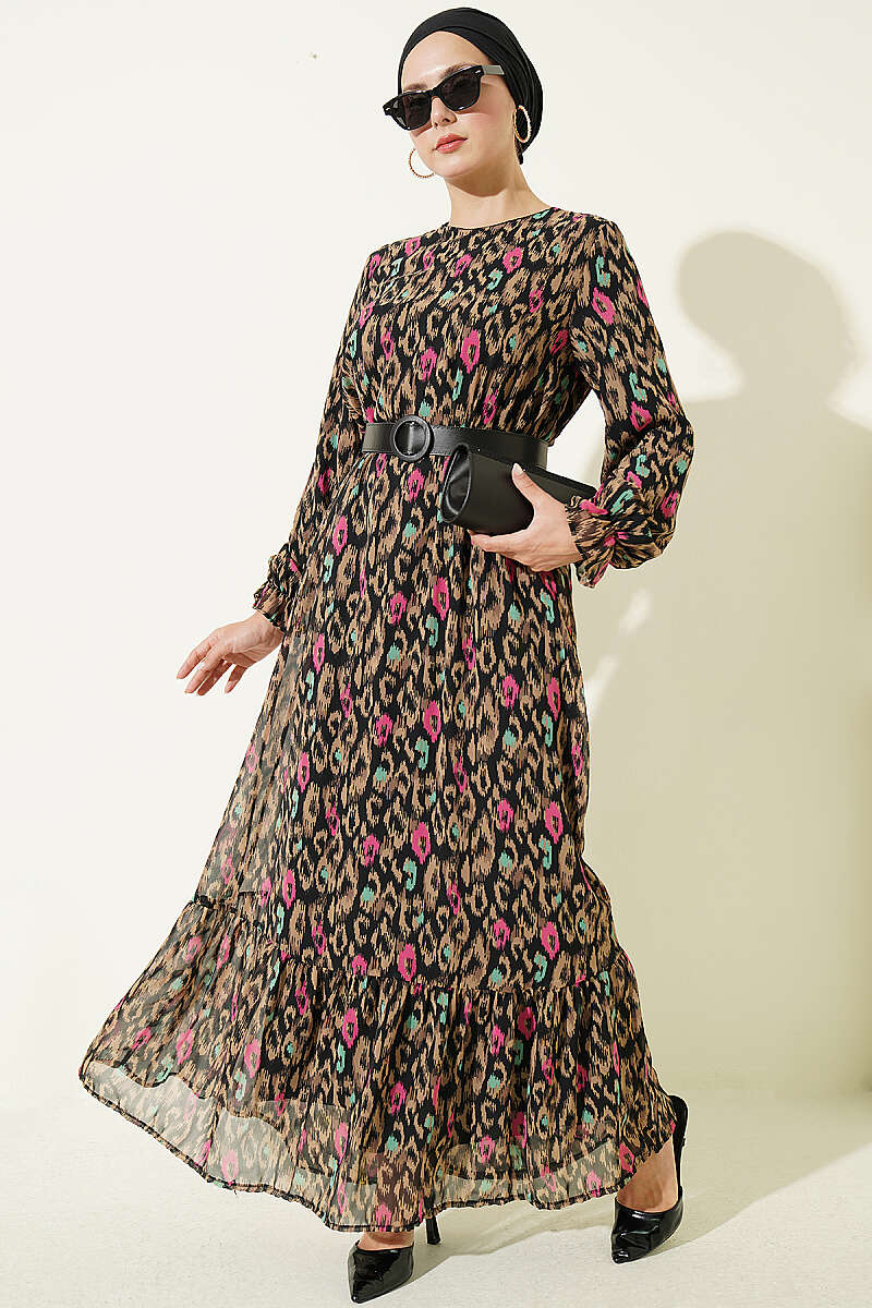 Patterned Dress with Elastic Cuffs - Mink