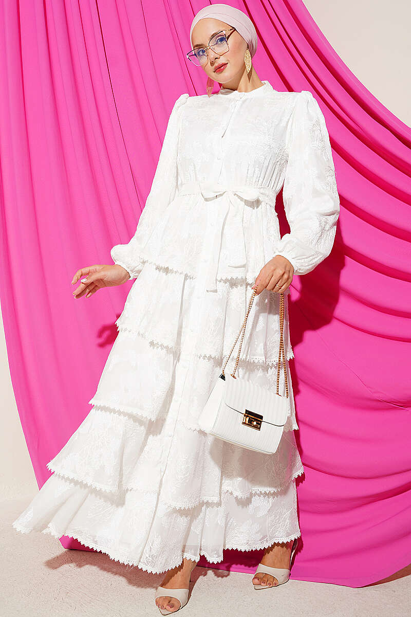 Tiered Patterned Dress with Elastic Cuffs - White
