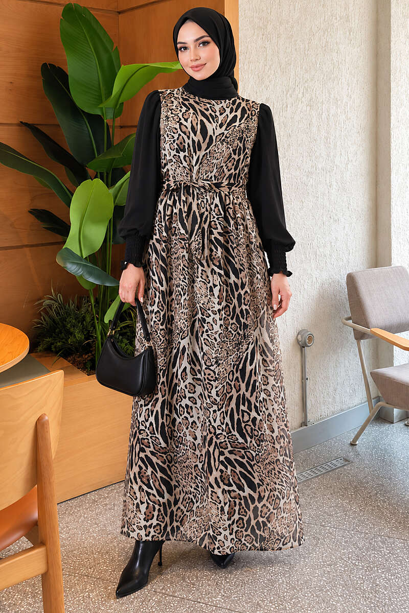 Shirt-Layered Dress with Elastic Cuffs - Leopard