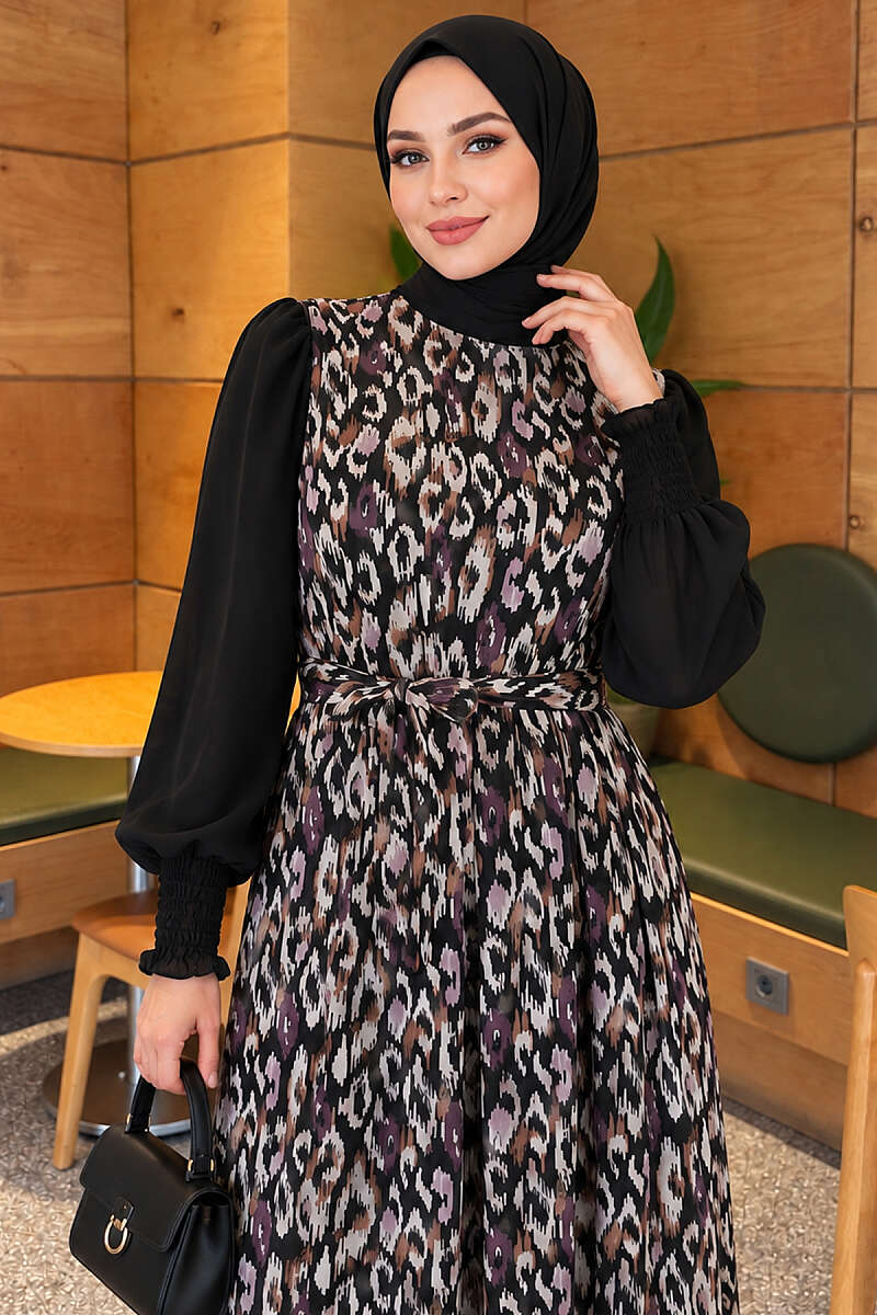 Shirt-Layered Dress with Elastic Cuffs - Purple