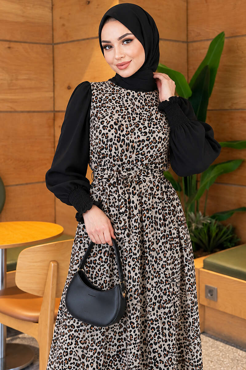 Shirt-Layered Dress with Elastic Cuffs - Black