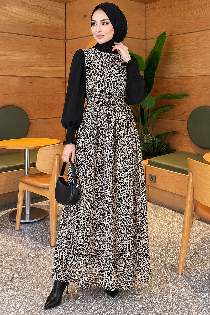 Shirt-Layered Dress with Elastic Cuffs - Black