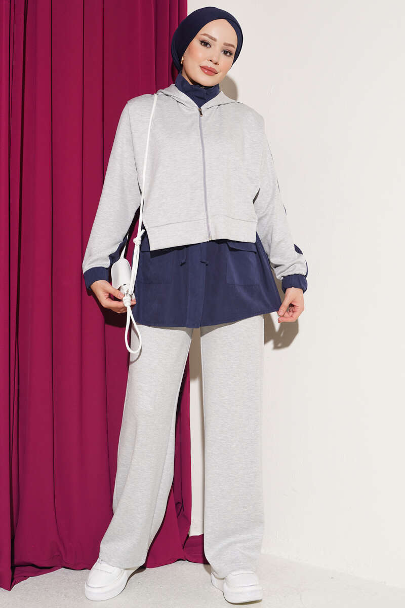 Hooded Two-Piece Set with Elastic Cuffs - Grey
