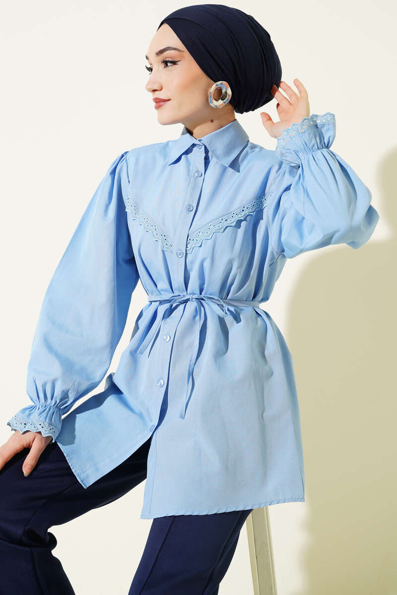 Guipure-Detail Shirt with Elastic Cuffs - Light Blue