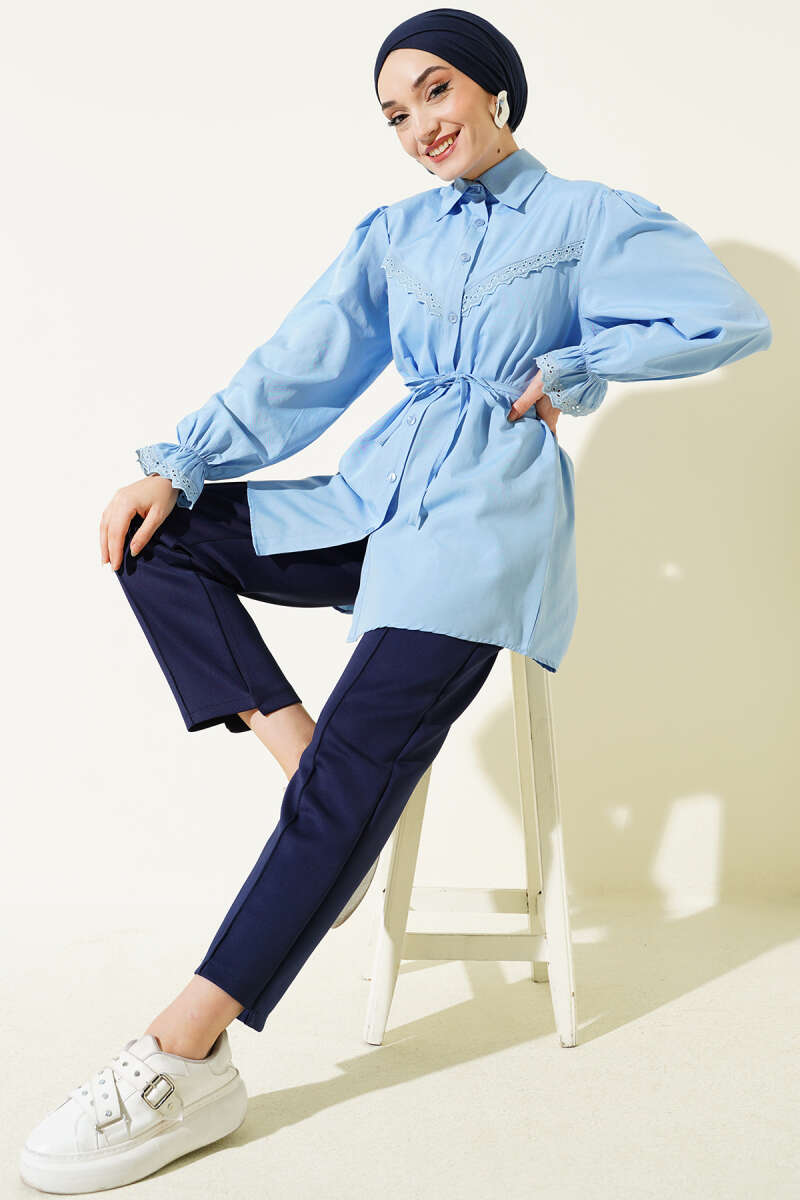 Guipure-Detail Shirt with Elastic Cuffs - Light Blue
