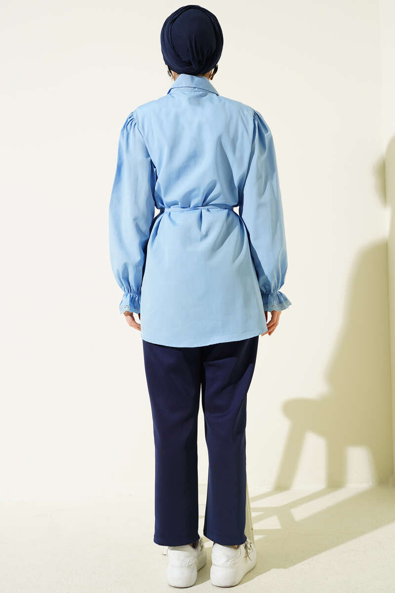 Guipure-Detail Shirt with Elastic Cuffs - Light Blue