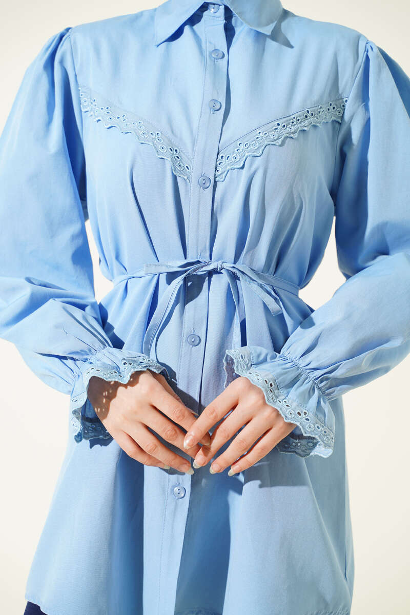 Guipure-Detail Shirt with Elastic Cuffs - Light Blue