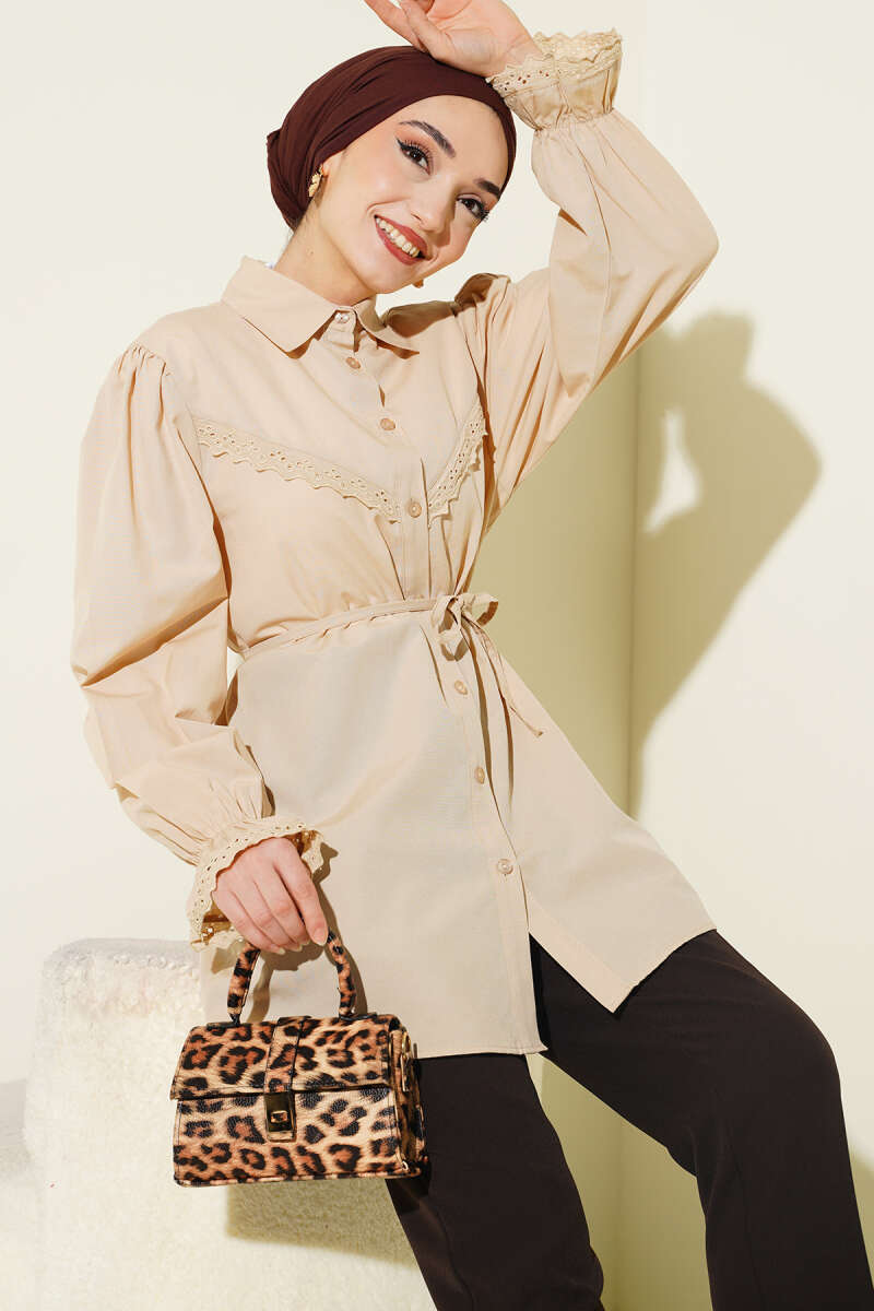 Guipure-Detail Shirt with Elastic Cuffs - Beige