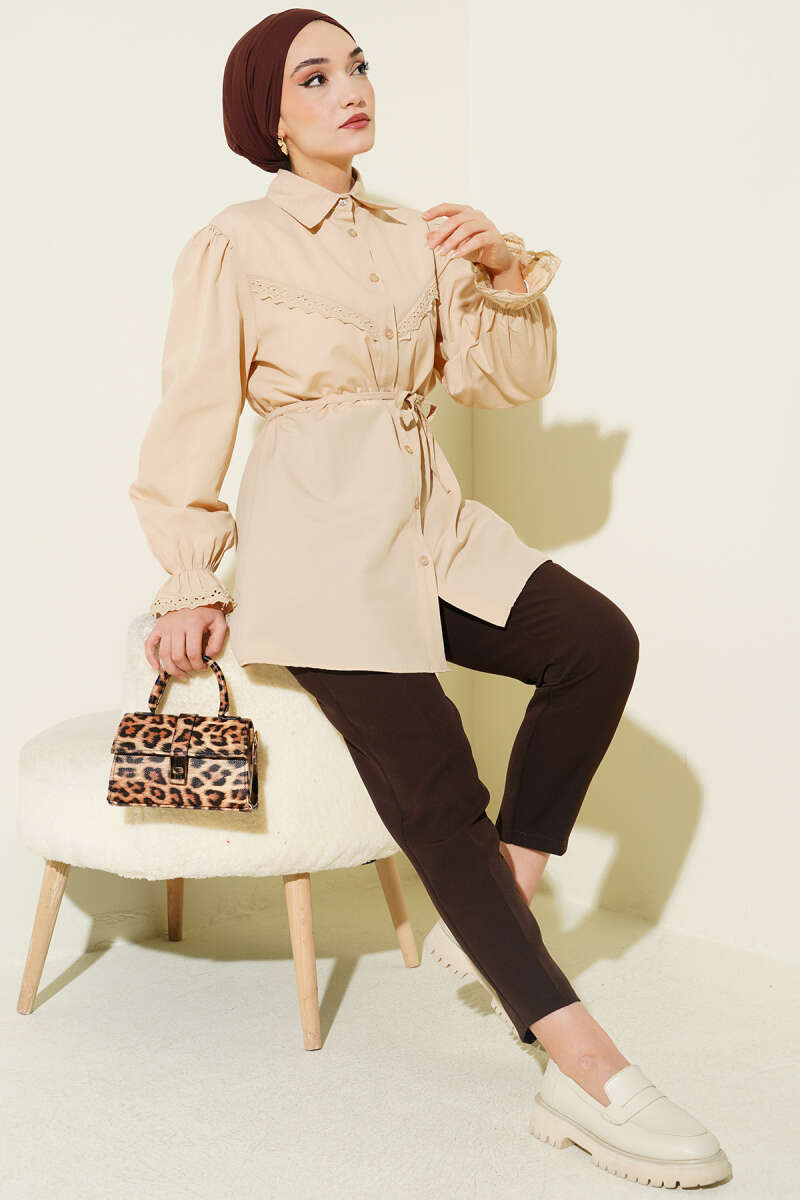 Guipure-Detail Shirt with Elastic Cuffs - Beige