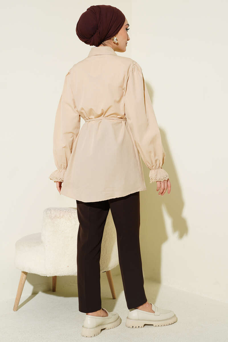 Guipure-Detail Shirt with Elastic Cuffs - Beige
