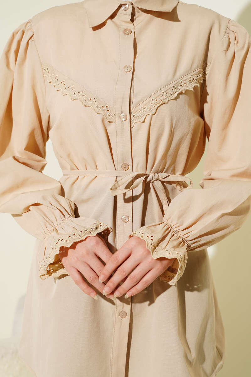 Guipure-Detail Shirt with Elastic Cuffs - Beige