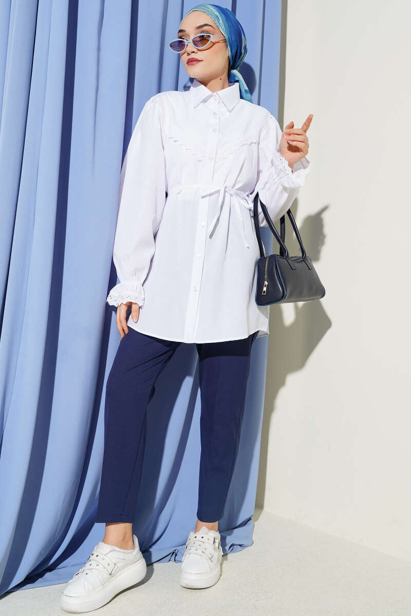 Guipure-Detail Shirt with Elastic Cuffs - White
