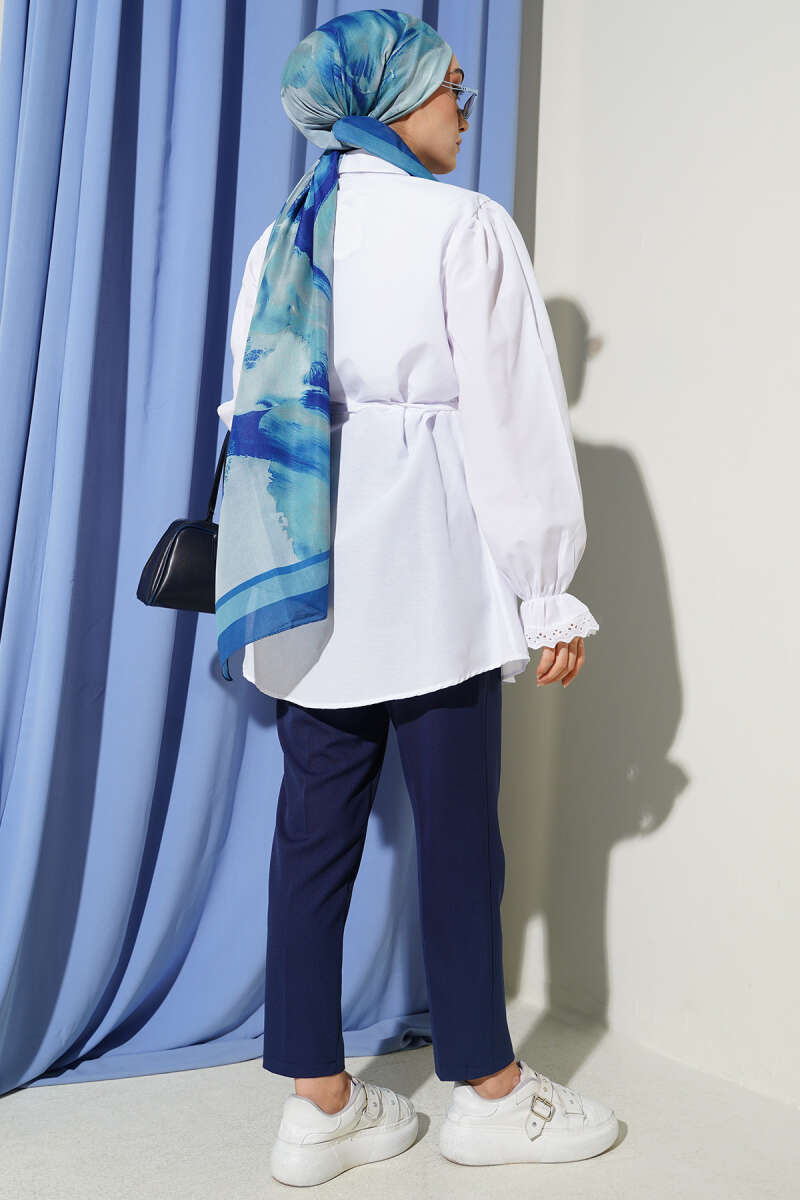 Guipure-Detail Shirt with Elastic Cuffs - White
