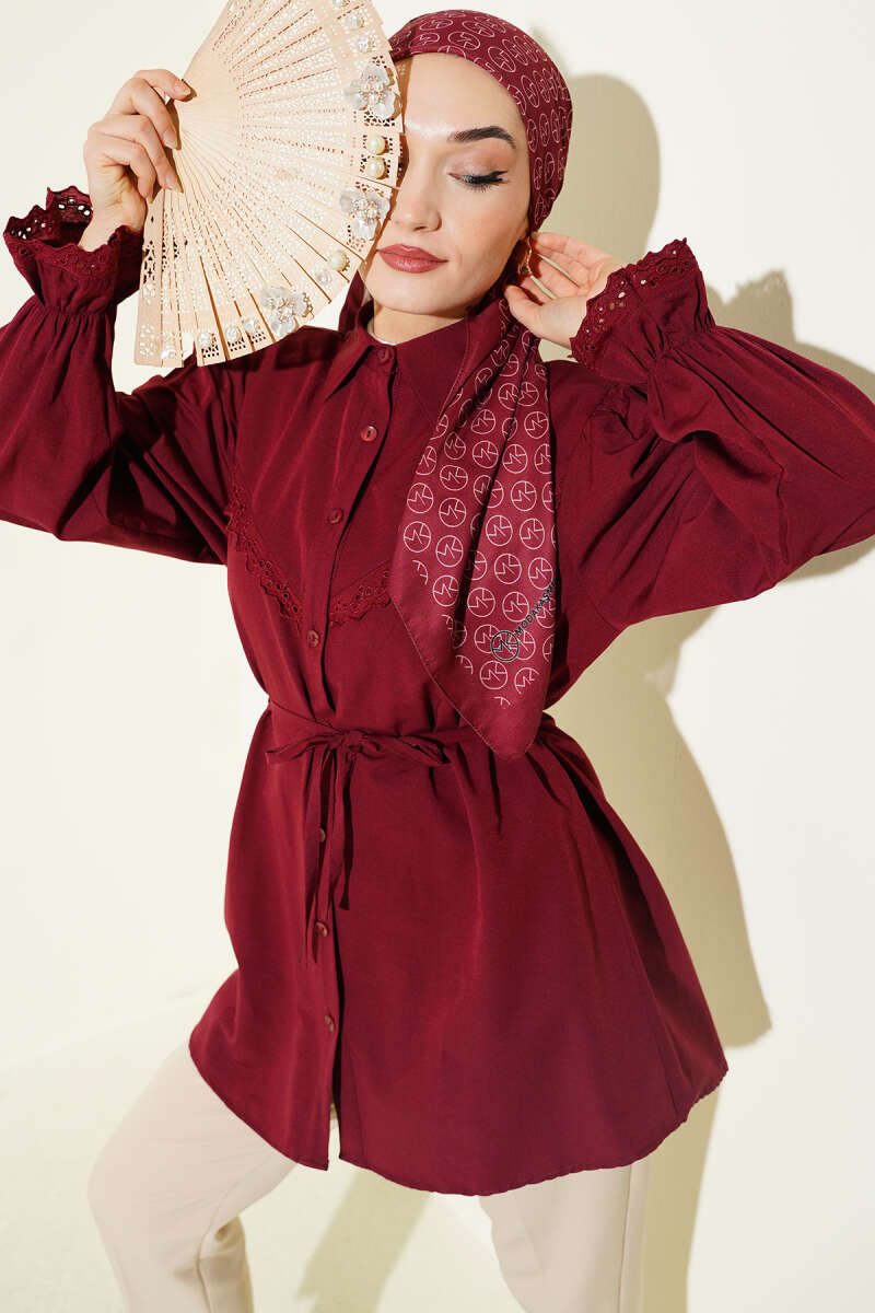 Guipure-Detail Shirt with Elastic Cuffs - Burgundy