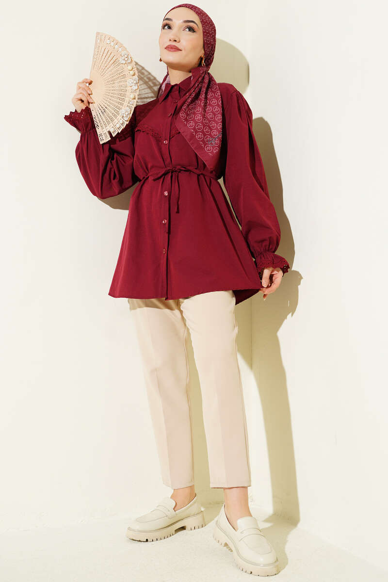 Guipure-Detail Shirt with Elastic Cuffs - Burgundy