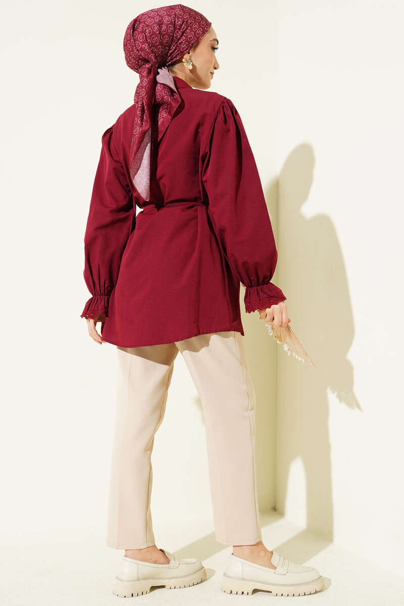 Guipure-Detail Shirt with Elastic Cuffs - Burgundy