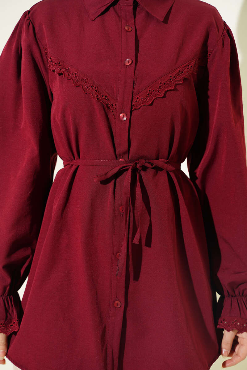 Guipure-Detail Shirt with Elastic Cuffs - Burgundy