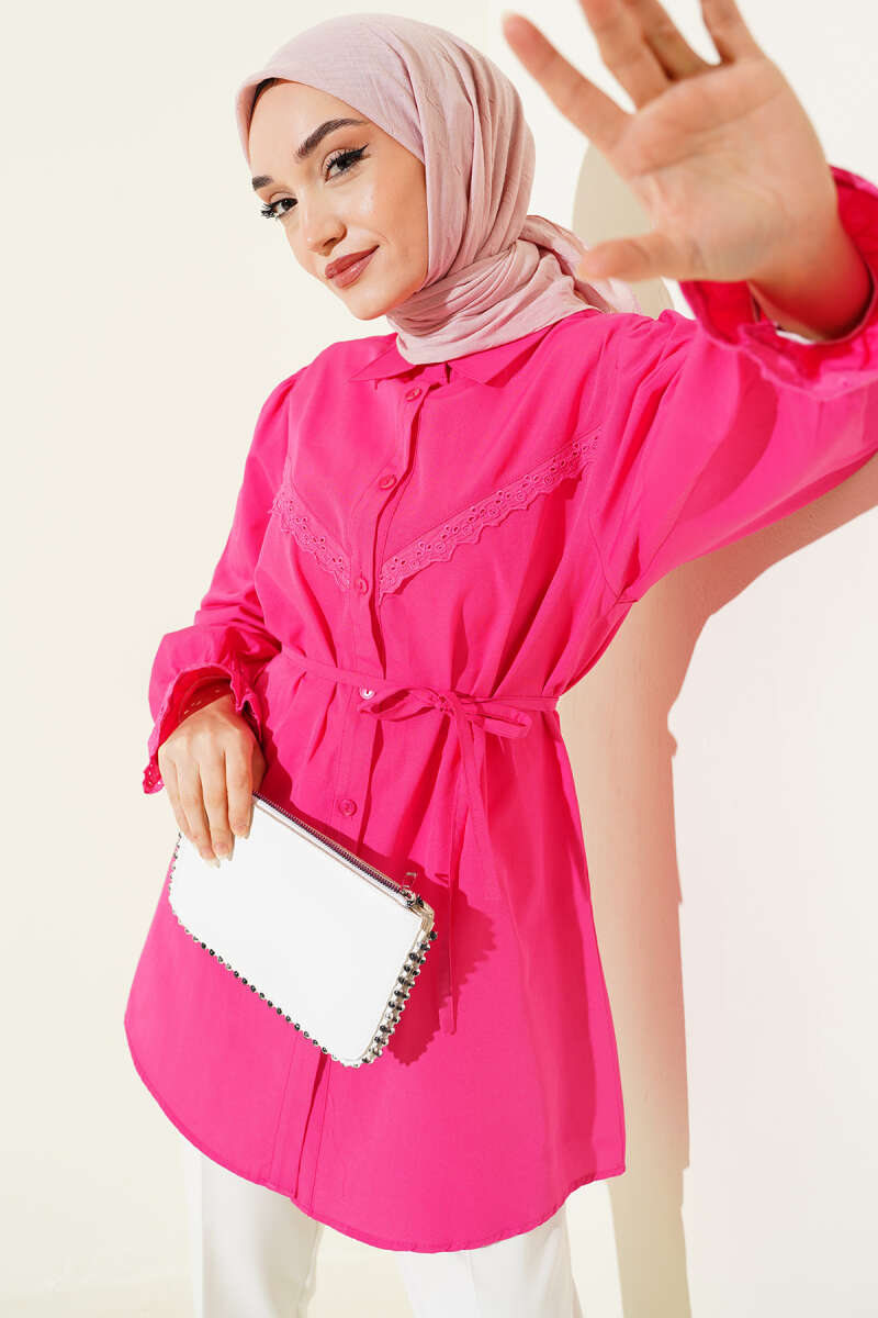 Guipure-Detail Shirt with Elastic Cuffs - Fuchsia