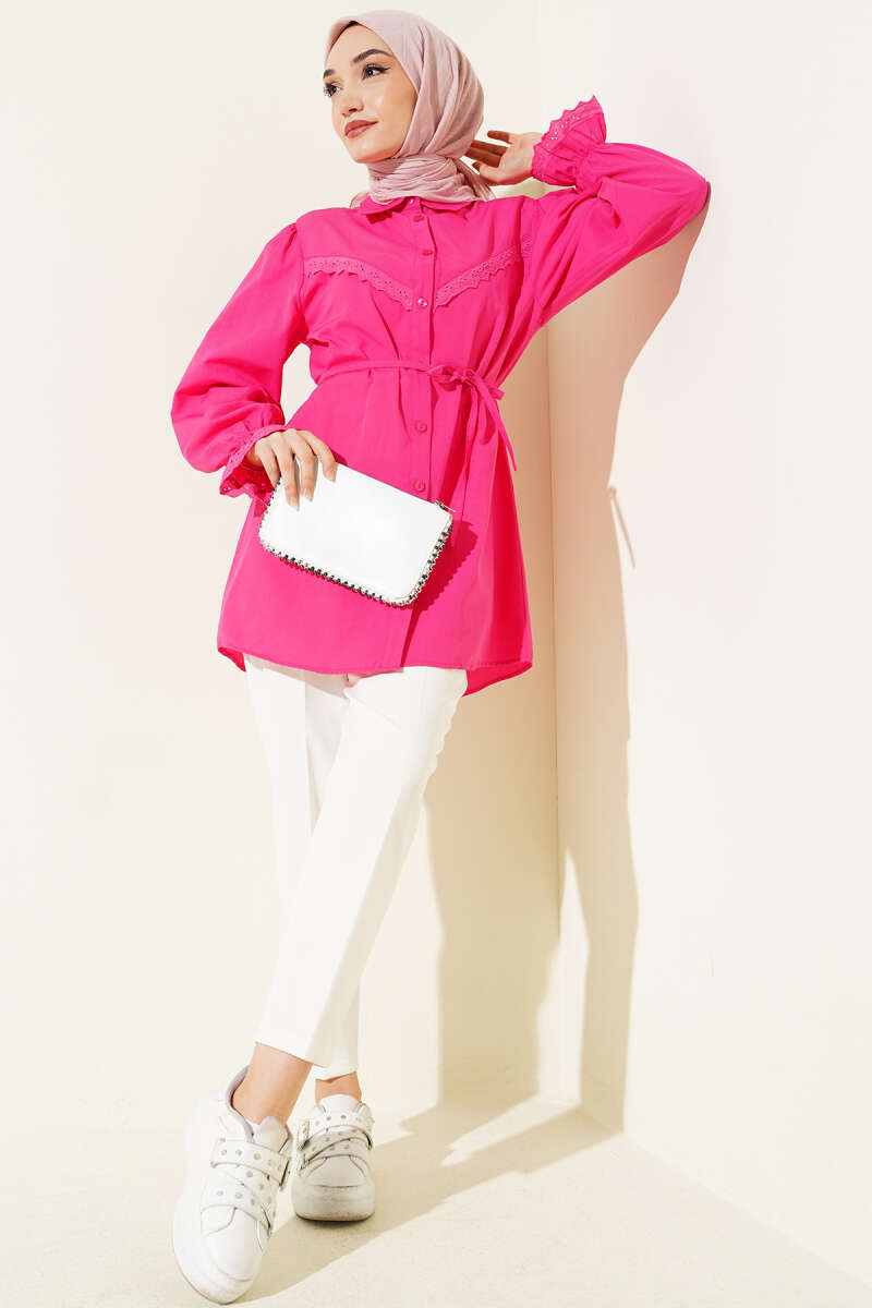 Guipure-Detail Shirt with Elastic Cuffs - Fuchsia