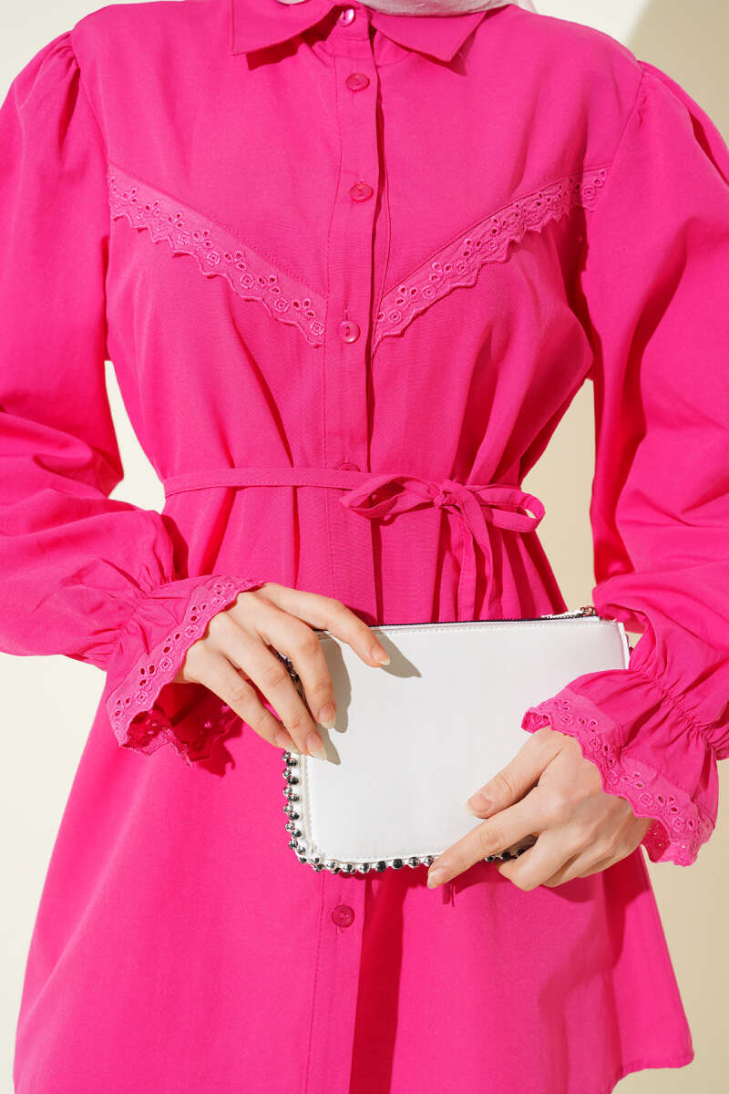 Guipure-Detail Shirt with Elastic Cuffs - Fuchsia
